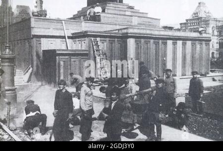 Construction of the first permanent wooden Vladimir Lenin Mausoleum. Stock Photo