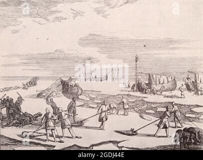 Seal hunting in Russia. Engraving from 1692. Stock Photo