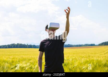 Man using virtual reality glasses outside in nature on a wheat farming field. Stock Photo