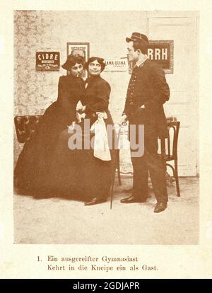 Vintage photograph of In the Latin Quarter, Paris, 1902, Young man flirting with two women, smoking, bar, French Stock Photo