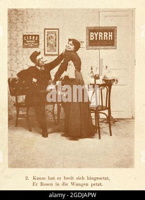 Vintage photograph of In the Latin Quarter, Paris, 1902, Young man flirting with the waitress, pinching cheek, bar, French Stock Photo
