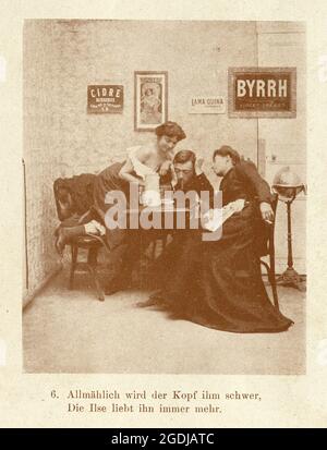 Vintage photograph of In the Latin Quarter, Paris, 1902, Young man flirting and getting drunk with two women, smoking, bar, French Stock Photo