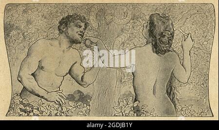 Eve tempting Adam with a apple in Garden of Eden, 1902 Stock Photo