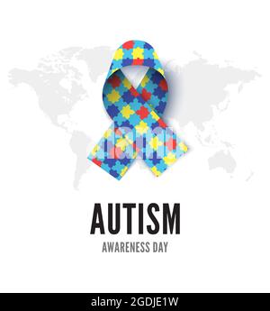 Autism awareness day ribbon realistic vector illustration isolated on white background. World autism month concept Stock Vector