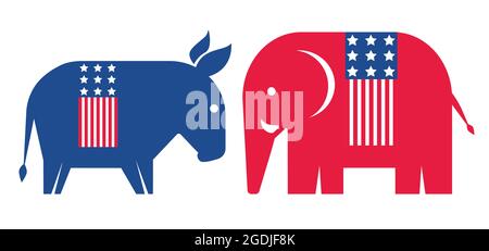 Vector vintage banner with simbols of democratic and republican parties in USA. Vector illustration of donkey and elephant. Stock Vector