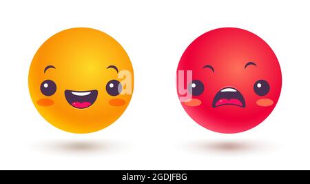 Vector set of emoji in different mood. Vector set icons of emoji in kawaii style. Funny and angry emoji in kawaii style. Stock Vector