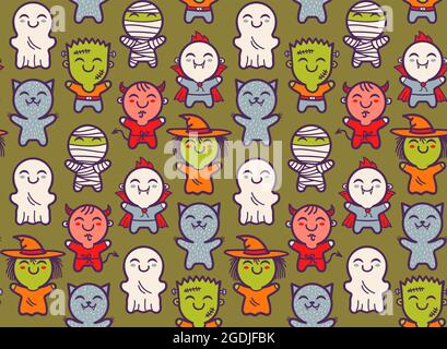 Vector seamless pattern with children in costumes for Halloween. Pattern with cute kids in Halloween monsters costumes. Halloween texture. Stock Vector