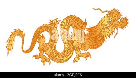Vector illustration of a gold Chinese dragon on isolated background. Golden asian dragon. Stock Vector