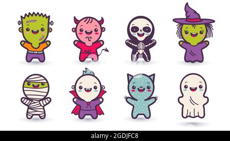 Vector set illustrationn of children in costumes for Halloween. Illustrations with cute kids in Halloween monsters costumes. Halloween monsters. Stock Vector
