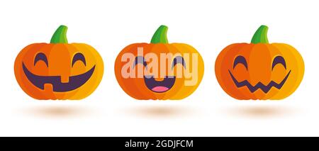 Vector set icons of pumpkin for Halloween in kawaii style. Cute pumkin in manga style. Stock Vector