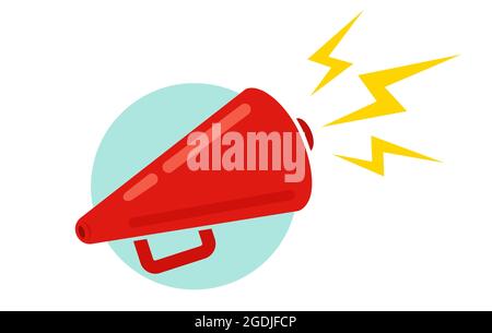 Vector vintage icon of red megaphone. Vector red megaphone in retro style on blue background. Stock Vector