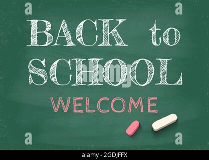 Vector vintage greeting card Back to school 2021-2022. Back to school on the chalkboard. Stock Vector