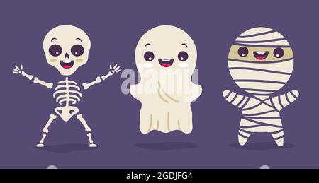 Vector set illustration of children in costumes for Halloween. Illustrations with cute kids in Halloween monsters costumes. Halloween monsters. Skelet Stock Vector