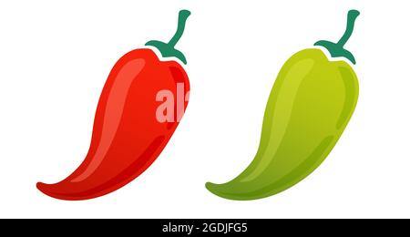 Vector set icons of hot jalapeno and chilli. Vector illustration of chili pepper. Red and green spicy peppers. Stock Vector