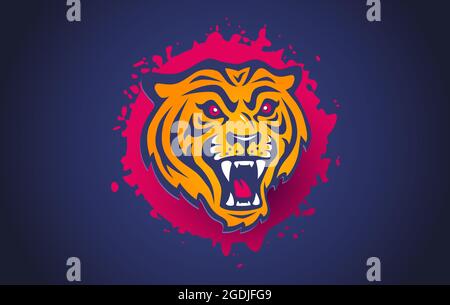 Vector retro sport logo with head of a tiger. Vintage print for t-shirt of angry tiger with blood drops. Stock Vector