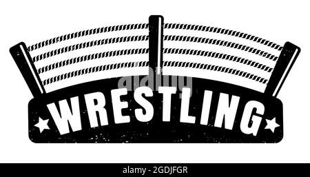 Vector vintage logo for a wrestling with ring. Retro emblem for wrestling. Poster of a wrestling in vintage style. Stock Vector