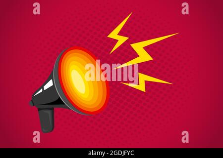 Vector icon of vintage megaphone on abstract background for breaking news or sale. Vector retro black megaphone with hot hole. Stock Vector