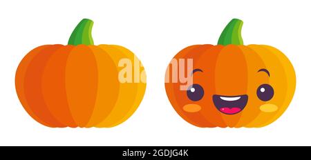 Vector set icons of pumpkin for Halloween in kawaii style. Cute pumkin in manga style. Stock Vector