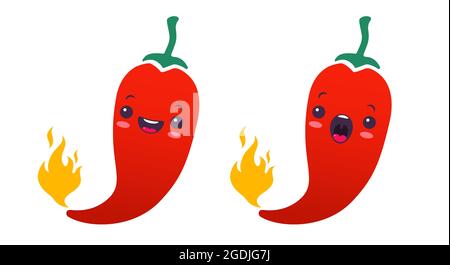 Vector set illustration of a spicy chilli peppers with flame in kawaii style. Cartoon red chilli pepper with flame for Mexican or Thai food. Cartoon o Stock Vector