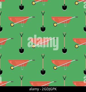 Red Wheelbarrow and Garden Shovel Isolated on Green Background. Seamless Pattern Stock Vector
