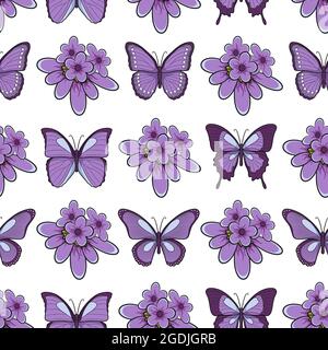Seamless pattern with lavender flowers and butterflies. Isolated vector objects on white background. Stock Vector