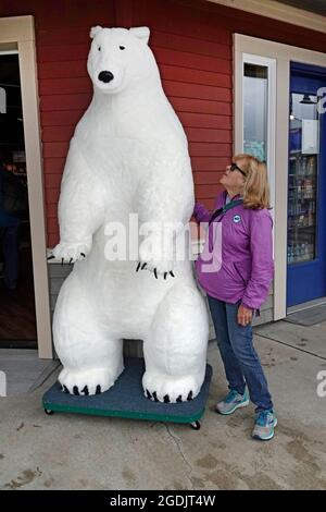 A tourist from a cruise ship browses merchandise at a local shop in Ketchikan, Alaska. This is a fake polar bear. Stock Photo