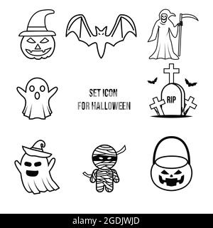 set icon halloween, grim reaper, pumpkin halloween, ghost, devil, mummy, tombstone Stock Vector
