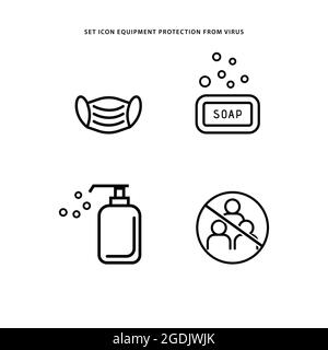 set icon equipment protection from virus, mask, hand wash soap, shampoo, and social distance Stock Vector