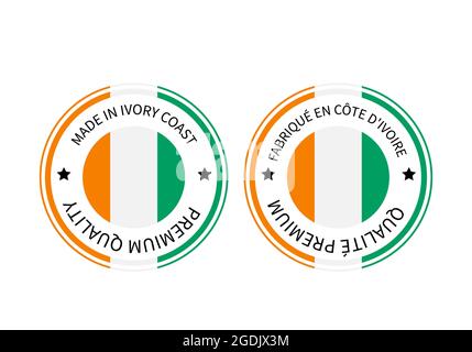 Made in Ivory Coast round labels in English and in French languages. Quality mark vector icon. Perfect for logo design, tags, badges, stickers, emblem Stock Vector