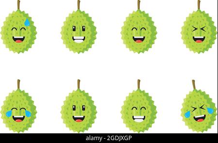 Set of cute durian with emoticon smiling face, squinting face, laughing face Stock Vector