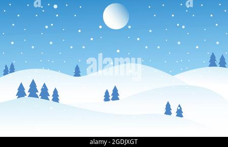 Winter landscape highlands with the moon and snowing, pine tree Stock Vector