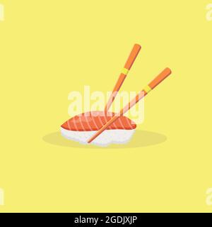 salmon sushi illustration with the chopstick. sushi vector flat design, traditional japan foods illustration, rice vector, salmon vector Stock Vector