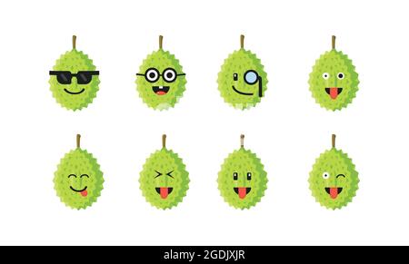 Set of cute durian with emoticon Face Savoring Food, Face with Tongue, Winking Face with Tongue, Zany Face, Squinting Face with Tongue, Nerd Face, Smi Stock Vector