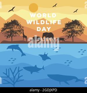 world wildlife day poster with animal silhouette illustration. animal silhouette vector on the jungle and the ocean Stock Vector