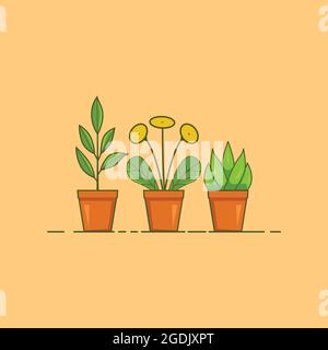 Three set plants house vector illustration, plant vector, plants illustration, tree vector, flowers vector Stock Vector