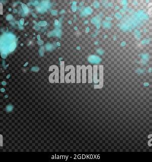Turquoise flower petals falling down. Alive romantic flowers falling rain. Flying petal on transparent square background. Love, romance concept. Aweso Stock Vector
