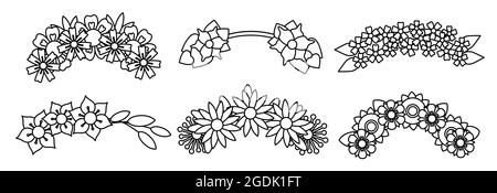Wreaths abstract flower flat black line outline icons set. Chaplet on head plants collection isolated on white background. Wedding botanical diadem. Design element. Stock Vector