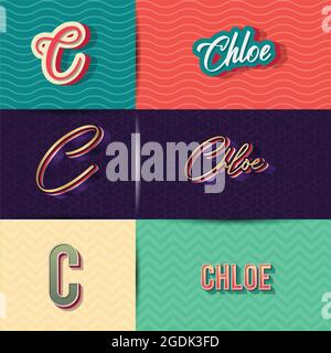 name Chloe in various Retro graphic design elements, set of vector