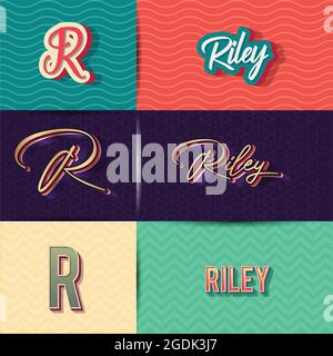 name Riley in various Retro graphic design elements, set of vector Retro Typography graphic design illustration Stock Vector