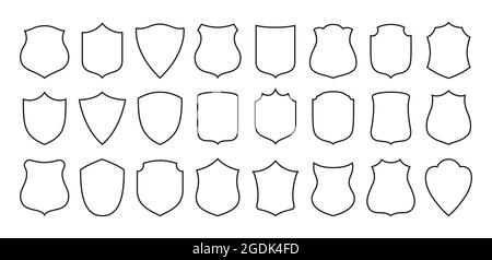 Shield badge contour icon set. Different security shield shape sign, military or heraldic shields and coat of arms kit. Black protection logo. Guard badge or guard symbol for web site logo, app vector Stock Vector