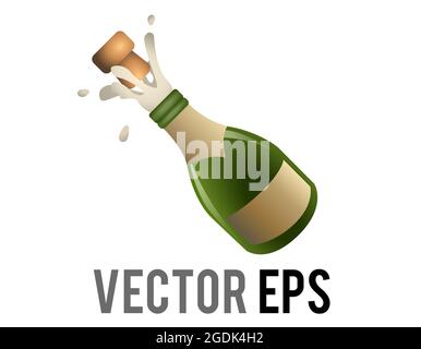 The isloated vector green bottle of champagne or sparkling wine icon with label and its cork popping, used for celebratory occasions, New Year's Eve, Stock Vector