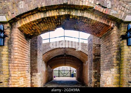 The Fort Gaines sally port leads into the fort, Aug. 12, 2021, in Dauphin Island, Alabama. The siege of Fort Gaines occurred during the Civil War. Stock Photo