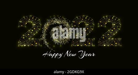 Happy new year 2022 greeting card. Low poly style design. Numbers from a polygonal wireframe mesh.  Abstract vector illustration on dark background. Stock Vector