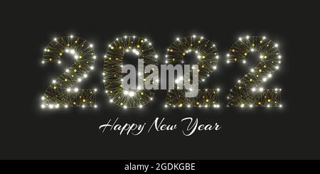Happy new year 2022 greeting card. Low poly style design. Numbers from a polygonal wireframe mesh.  Abstract vector illustration on dark background. Stock Vector