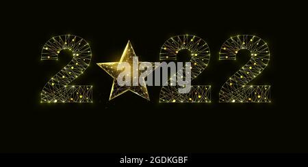 Happy new year 2022 greeting card. Low poly style design. Numbers from a polygonal wireframe mesh.  Abstract vector illustration on dark background. Stock Vector