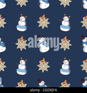 Seamless pattern with cute smiling snowmen and gingerbread cookies in the shape of a snowflake. Merry holiday print, New Year and Christmas decorations. Winter and festive background Stock Vector