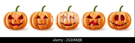 Halloween pumpkins vector set. Halloween pumpkin element collection in spooky, scary and creepy with facial expressions for icons and decorations Stock Vector