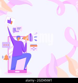 Man Standing Drawing Holding Loud Megaphone Raising Hand With Thumb Sign Mark. Gentleman Stands On Large Phone Holds Bullhorn Device Different Mobile Stock Vector