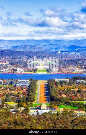 Australian Capital territory - Canberra city federal district of national parliament house and museums on shores of Lake Burley Griffin from Mt Ainsli Stock Photo