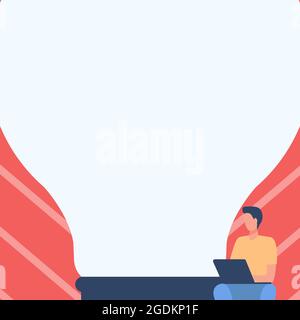 Gentleman Drawing Sitting Using Laptop Beside Large Light Bulb. Businessman Design Sits And Uses Portable Computer In Front Of Huge Lighting Lamp. Stock Vector